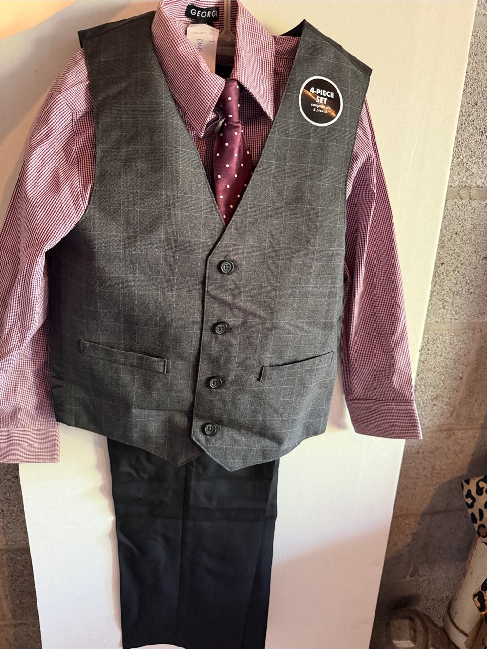 George Grey Windowpane Vest with Burgundy Shirt & Polka Dot Tie